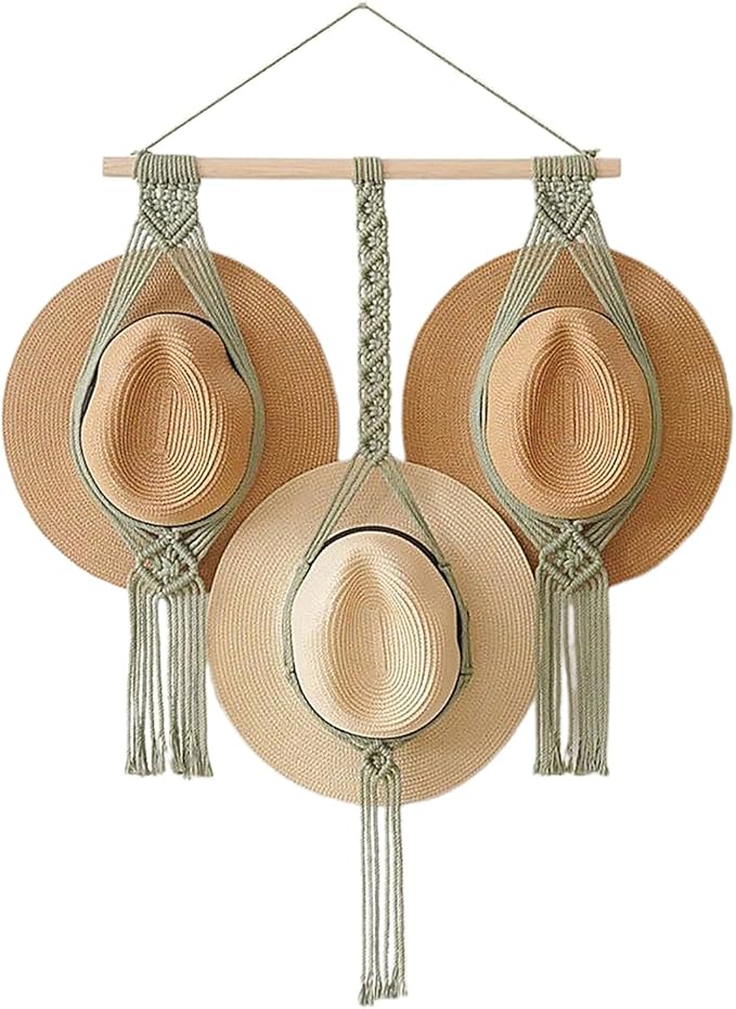 Tissting Macrame Hat Hangers Boho Hat Rack for Wall Hat Holder Display Organizer Bobo Hanging Hat Organizer Storage for Wide 