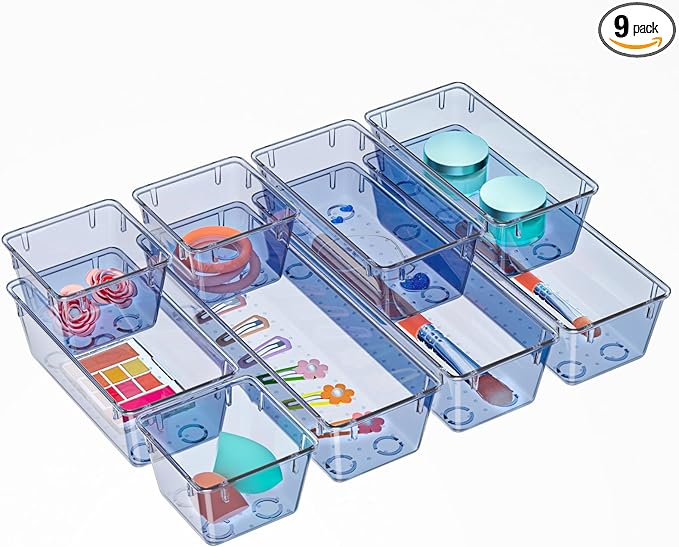 WOWBOX 9 Pack Clear Drawer Organizer Set, Acrylic Drawer Storage Trays, Storage Bins for Makeup, Cosmetics, Jewelries, Utensi