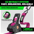 Rhino USA Retractable Ratchet Straps (2-Pack) - 1 Inch x 10 Feet (1,209lb Break Strength) - Auto Self Retracting Tie Down Straps for Truck, Cargo Trailer, Motorcycle, ATV, UTV - Pink