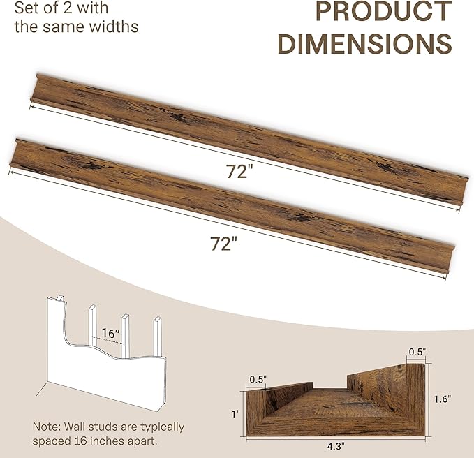 Fun Memories Long Wall Shelves Set of 2-72 Inch Floating Shelves for Wall - Picture Ledge Shelf with Lip for Storage - Wall -