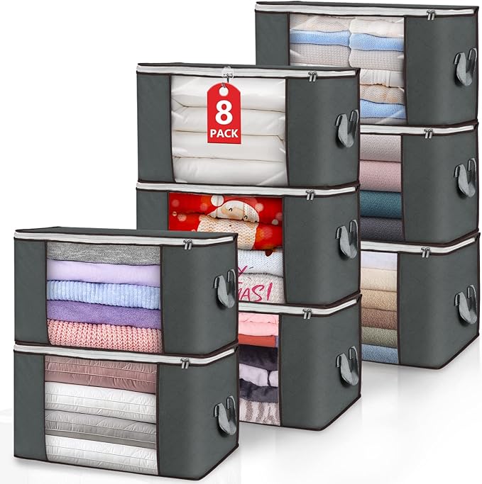 Large Storage Bags, 8 Pack Clothes Storage Bins Foldable Closet Organizers Storage Containers with Durable Handles Thick Fabr