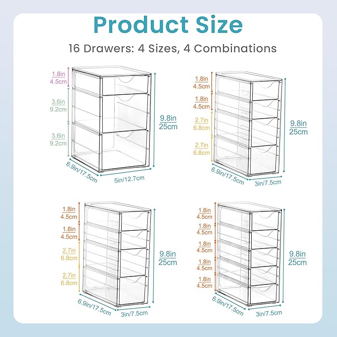 Vtopmart 4 Set Clear Desk Organizer, Pen Organizer with 16 Drawers, Acrylic Desktop Organization and Storage for Office Suppl