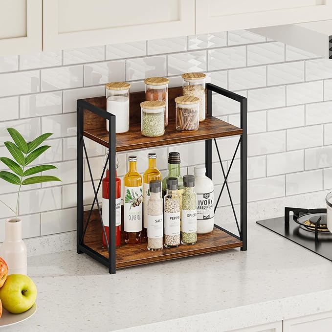 Giikin Kitchen Counter Shelf, Kitchen Countertop Organizer, 2 Tier Spice Rack for Counter, Wood Coffee Bar Organizer for Coff