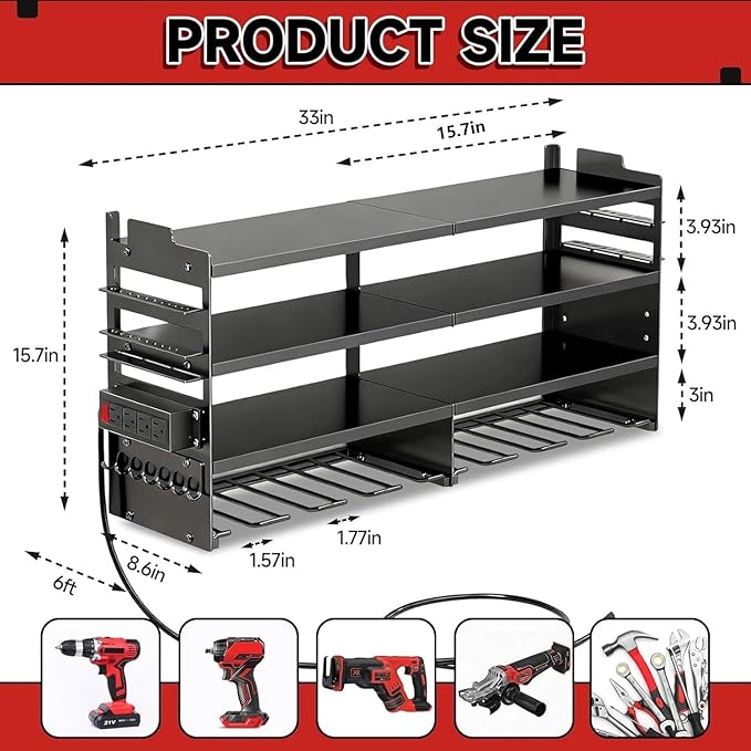 33" W Power Tool Organizer with Charging Station, 4 Layers Heavy Duty Metal Tool Storage Rack Wall Mount 8 Cordless Drill Hol