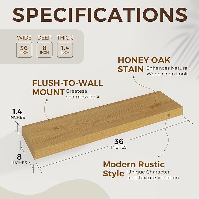 Dreamland 36 Inches Floating Shelves for Wall, 8 Inch Deep Floating Shelves Set of 2, Large Display & Storage Shelf, Wall She