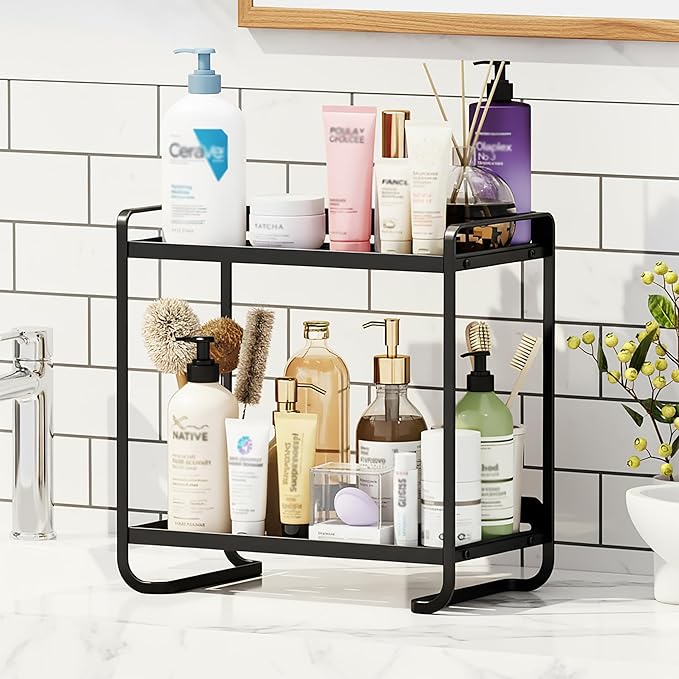 2-Tier Black Carbon Steel Bathroom Counter Organizer - Skincare Cosmetic Display Tray for Perfume, Makeup，Bathroom, Vanity St