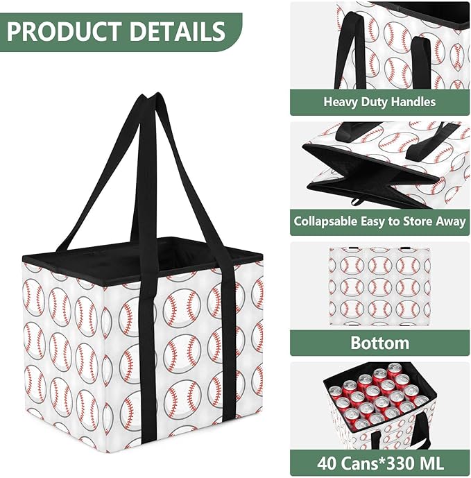 Baseball Reusable Grocery Bags Large Shopping Tote Bag with Reinforced Bottom Board, Water Resistant Foldable Storage Bags fo