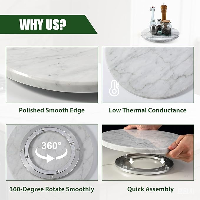 12" Marble Lazy Susan Turntable - 100% Natural Stone Round Serving Tray with Silent Spinning, Revolving Cake Stand & Cheese B