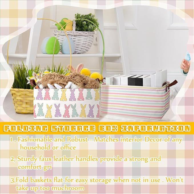 Boao 3 Pcs Easter Storage Bin Rectangular Bunny Basket Box with Handle Collapsible Large Storage Baskets Foldable Rabbit Box 