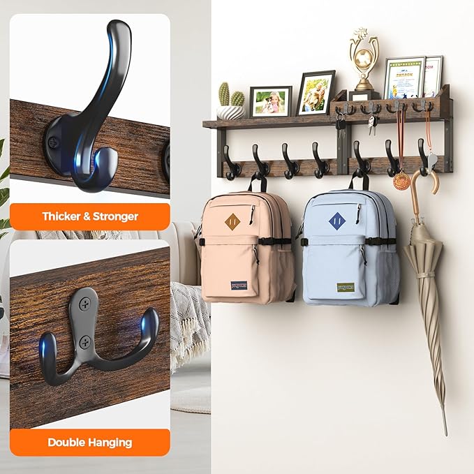 Evermagin 29" Coat Rack Wall Mount with Shelf, 4 in 1 Coat and Key Hanger with 11 Metal Hooks, Entryway Wall Mounted Shelf wi