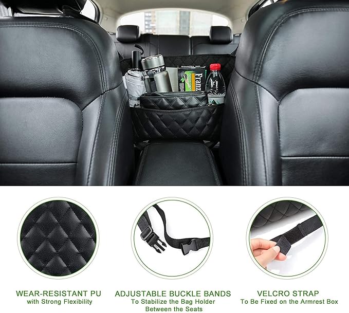 Car Purse Holder - Durable Leather Seat Back Organizer with Handbag Holder, Front Seat Storage Barrier, Backseat Pet & Kids Driver Storage Netting Pouch
