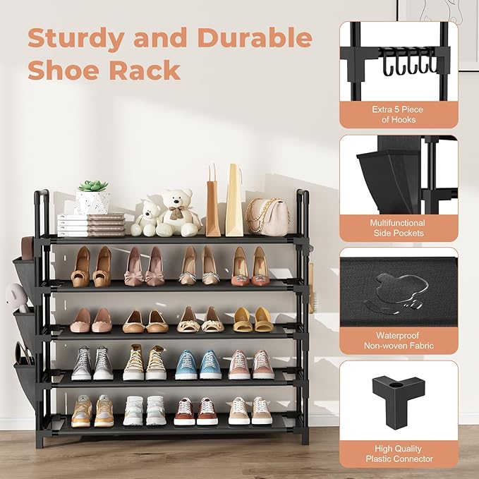 5 Tier Shoe Rack, Shoe Organizer Storage for 20-25 Pair Boot and Sneaker, Stackable Free Standing Shoe Shelf with Hooks and S