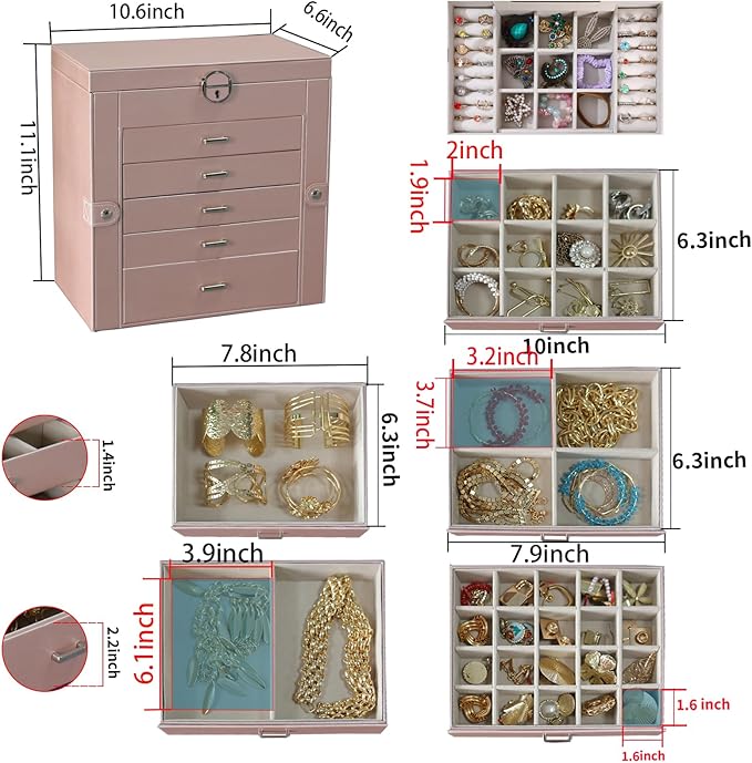 BOOVO Jewelry Box For women, 6 Layer Large Jewelry Organizer With Mirror, Multi-Function Storage Box With Lock, Accessory Hol