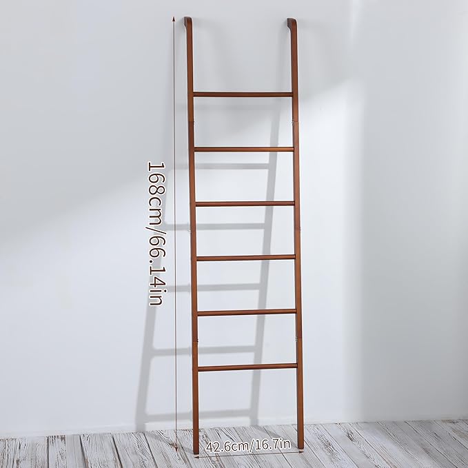Taozun 6-Tier Wood Blanket Ladder for Living Room, Rustic Wooden Farmhouse Quilt Ladder with 4 S-hooks, 66-Inch Wall Leaning 