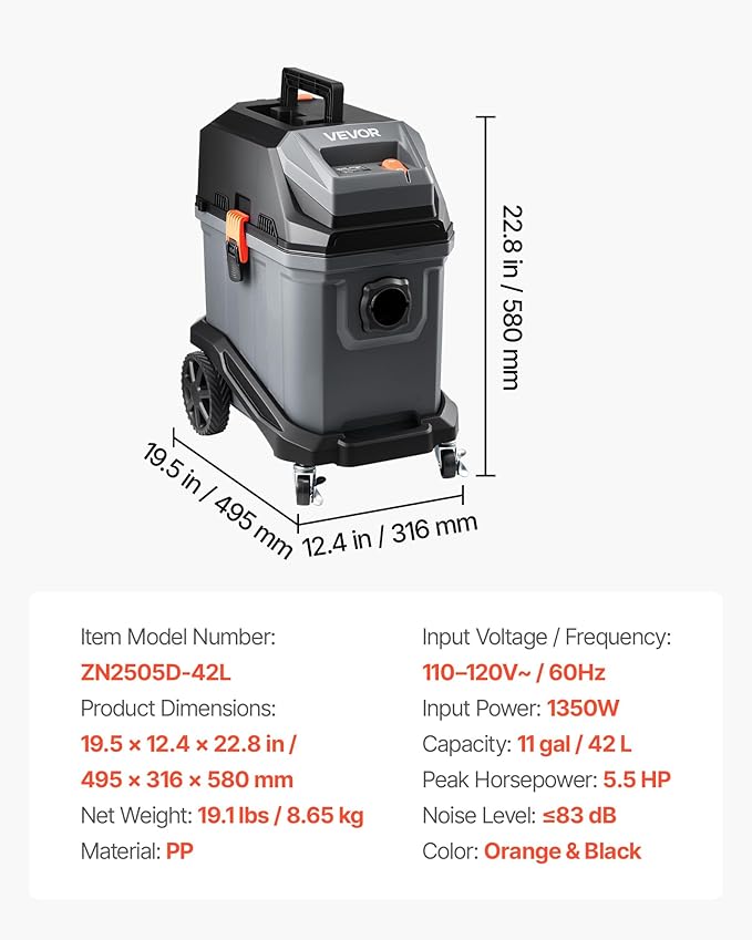 VEVOR Commercial Shop Vac, 11 Gallon Wet Dry Shop Vacuum, 5.5 Peak HP Portable with One-Button Self-Cleaning, 1350W Input, 1.
