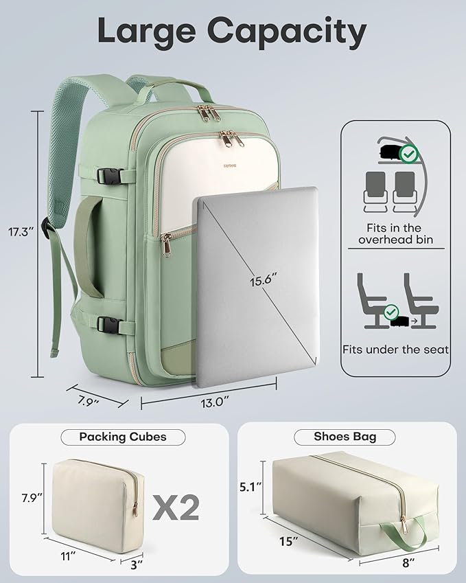HOTOR Travel Backpack for Women – TSA-Friendly Travel Bag with Multiple Compartments & 3 Packing Cubes, Water-Resistant & Com