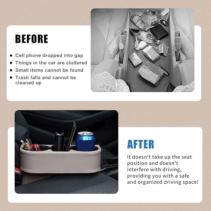 Car Cup Holder, PU Leather Auto Front Seat Organizer, Multifunctional Cup Drink Holders, Gap Filler Storage Box Coin Bucket Console Side Pocket Cell Mobile Phone Holder (Gray)