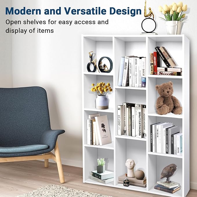 Whitmor 11 Cube Storage Organizer, 4 Tier Stackable Bookcase, Open Storage Display Bookshelf, Storage Cabinet for Living Room