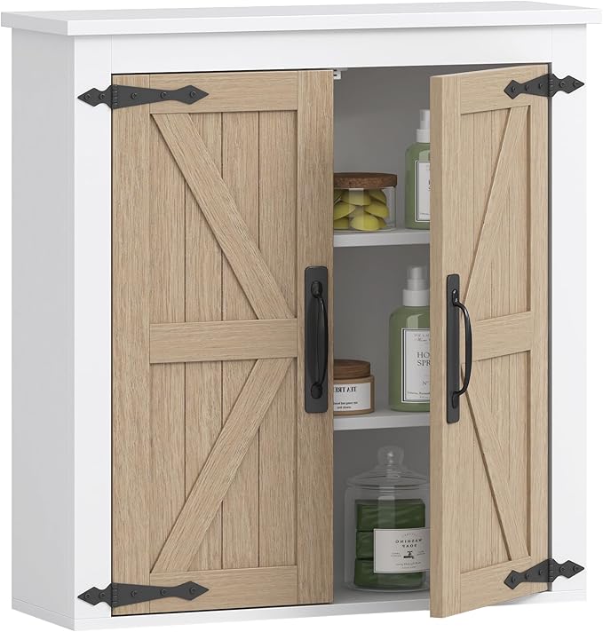 Spirich Bathroom Wall Cabinet Over Toilet, Farmhouse Wall Mounted Medicine Cabinet Organizer with Wood Grain Barn Doors and A