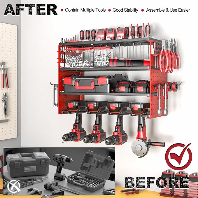 Power Tool Organizer Wall Mount, Cordless Drill Hanger Storage Rack 8 Drill Holder, 4 Layer Heavy Metal Large Capacity Tool R