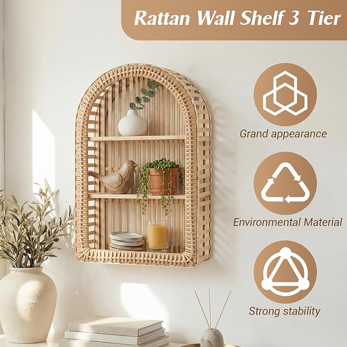 Pinkunn 20'' x 12'' 3 Tier Rattan Wall Shelf Boho Arch Hanging Shelves Arched Wall Mounted Wicker Shelf Decorative Farmhouse 