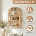 Pinkunn 20'' x 12'' 3 Tier Rattan Wall Shelf Boho Arch Hanging Shelves Arched Wall Mounted Wicker Shelf Decorative Farmhouse 