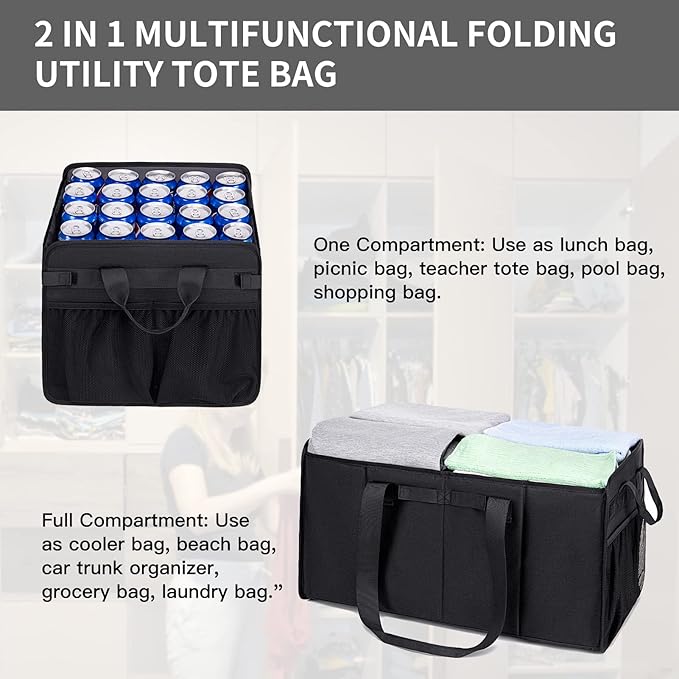 Muzale Extra Large Utility Tote Bag with Wire Frame Collapsible Reusable Grocery Bags Heavy Duty Shopping Bags for Groceries with Handles Trunk Organizer for Beach Travel Picnics Camping Laundry