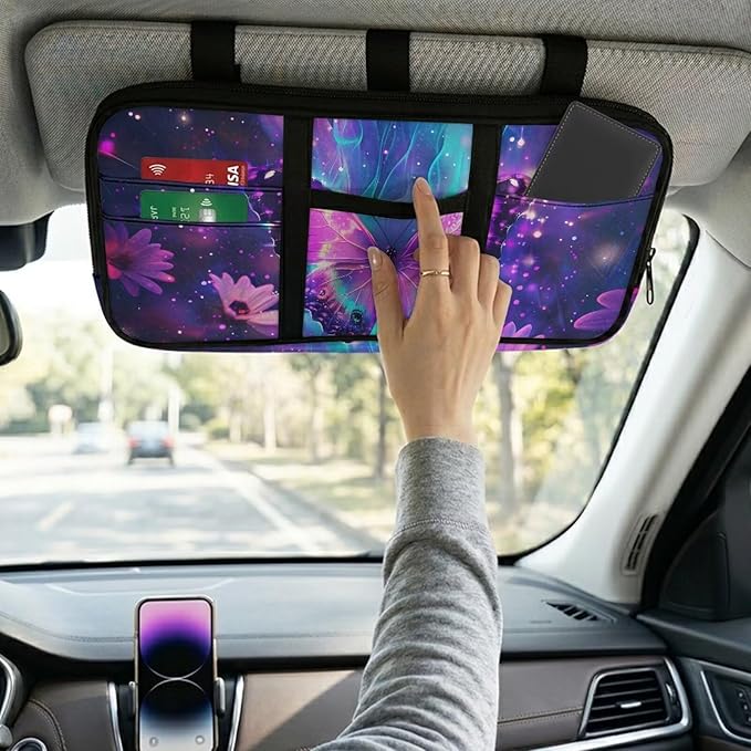 Butterfly Print Car Sun Visor Bag Auto Interior Accessories Pocket Organizer with Zipper 11.81 x 5.9 Inch Storage Pouch Holder for Pen,Driving License etc