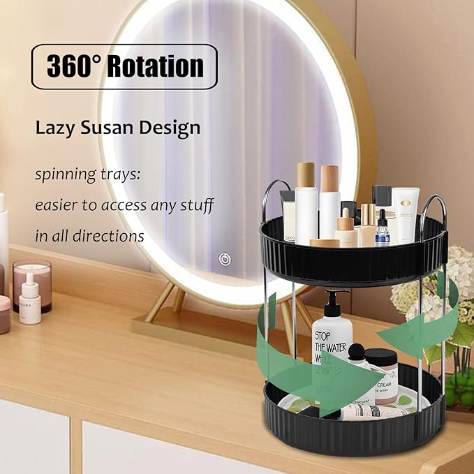 Rotating Makeup Organizer Countertop 2 Tier Lazy Susan Trays Spinning Skincare Perfume Storage for Bathroom Counter Vanity, B