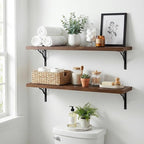 48Inch Solid Pine Wood Floating Shelves Set of 2, Walnut Wood Wall-Mounted Storage Shelves with Heavy-Duty Metal Brackets | D