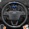 Customized Steering Wheel Cover Compatible with Ford, Premium Nappa Leather&Bright Carbon Fiber Texture Steering Wheel Cover, with Coasters and 3-in-1 USB Fast Charging Cable (Black)