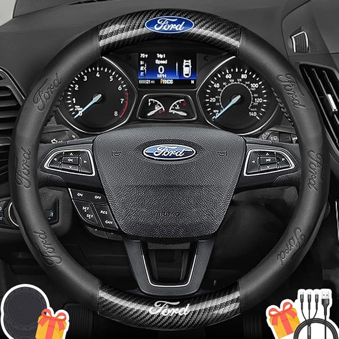 Customized Steering Wheel Cover Compatible with Ford, Premium Nappa Leather&Bright Carbon Fiber Texture Steering Wheel Cover, with Coasters and 3-in-1 USB Fast Charging Cable (Black)