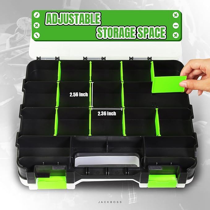 Jack Boss Tool Box with Transparent Lid, Double Side 34-Compartments Organizer Box with Removable Dividers for Hardware, Scre
