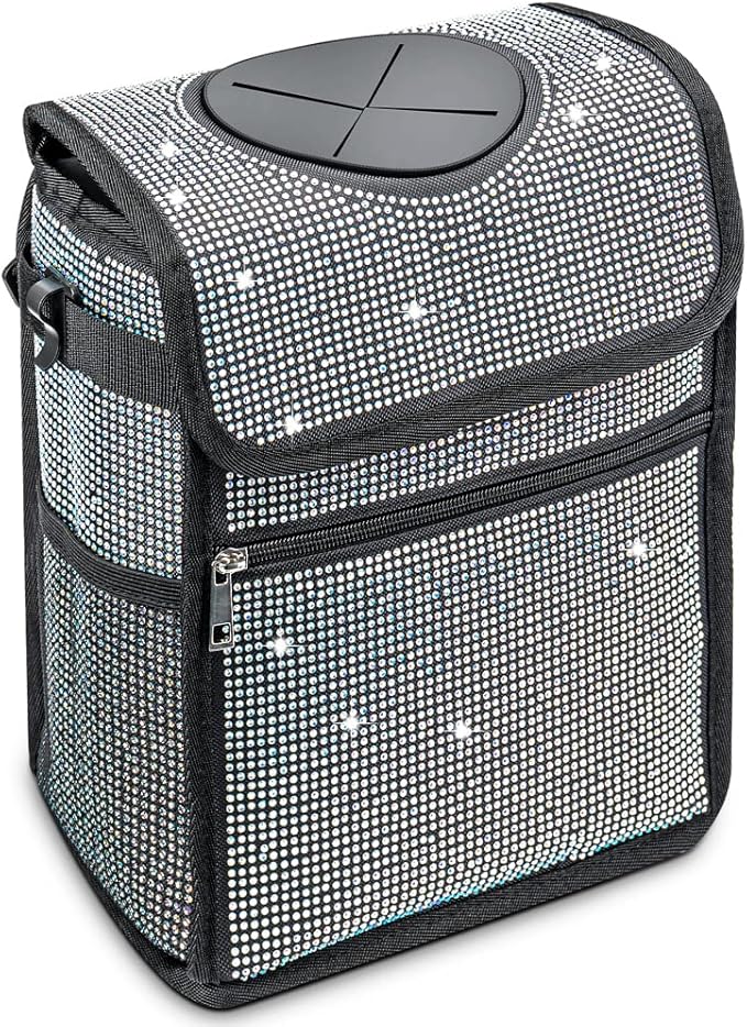 Ovege Car Trash Can Bling Accessories Interior Garbage Can with Lid Waterproof for Cars SUV (Large, 3 gallons)