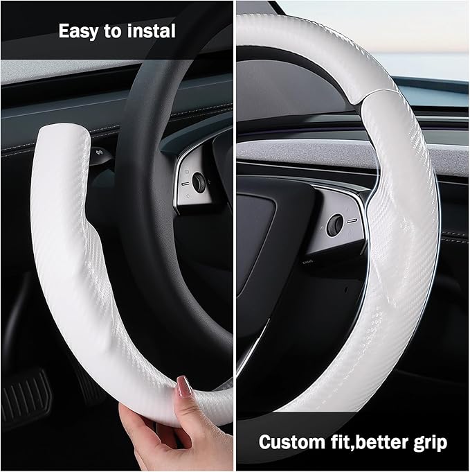 Steering Wheel Cover for Tesla Model 3 2024-Present Highland/Tesla Model Y Juniper 2025-Present, Carbon Fiber Steering Wheel Cover for Tesla Model 3 Highland/Y Juniper Accessories, Matte White