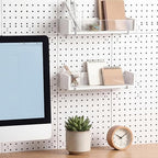Marsui 2 Pcs Wooden Pegboard Shelf with Acrylic 12.2 x 3.94 Inch White Display Shelves Brackets with Metal Hooks Heavy Duty P