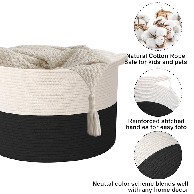 115L Large Blanket Basket,23.6" L x 23.6" W x 15.7" H Rope Woven Baskets with Handles, Toys Storage Bins,Laundry Basket Perfe