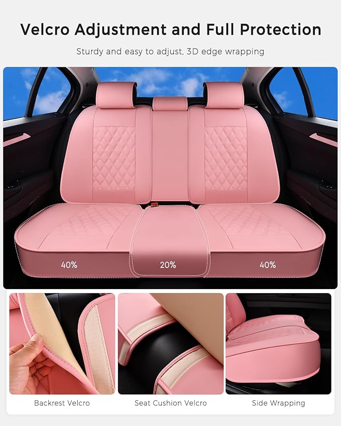 Huidasource Pink Rear Seat Covers, Nappa Leather Back Seat Covers Velcro Adjustable, Compatible with Armrests, Seat Belts, Ch