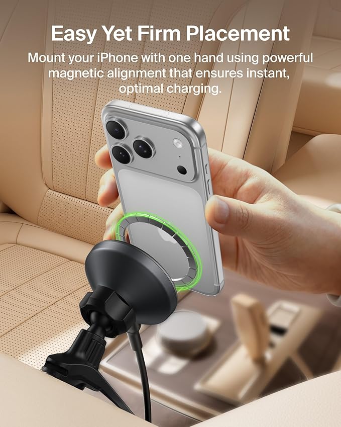 Belkin Wireless Car Charger, Magnetic Car Vent Mount w/ 3.3ft USB C Cable, Qi2 MagSafe Compatible Fast Charging iPhone Charger for iPhone 17, Galaxy S26, Pixel 10, & More - Travel Accessories - Black