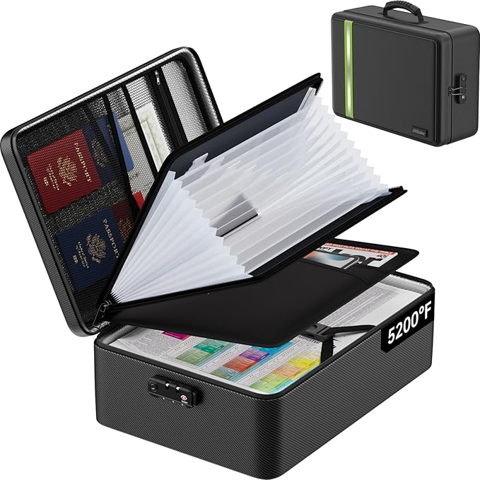 Fireproof Document Bag, Insulated Large Document Box with Lock, Important Document Organizer with Waterproof Zipper, Portable