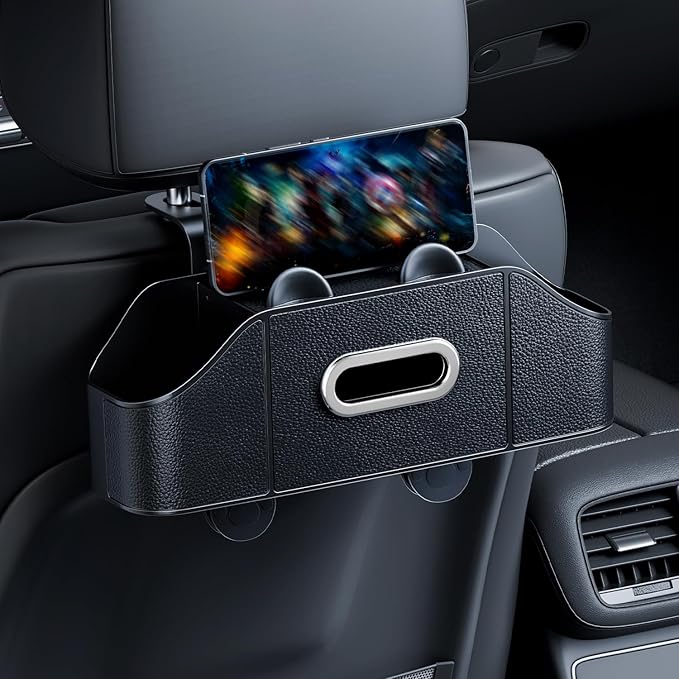7-in-1 Car Seat Organizer with Cup Holders, Trash Can, Tissue Dispenser & Hooks, Multifunctional Headrest Storage for Backseat, Travel Essentials for Family Car Trips (Black)