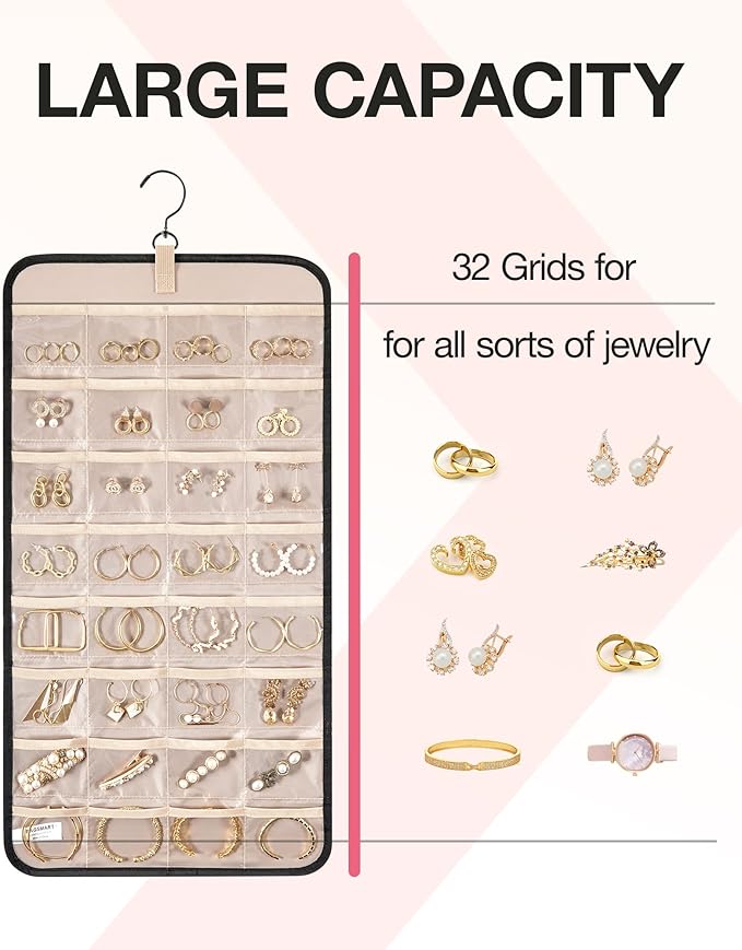 BAGSMART Hanging Jewelry Organizer Storage Roll with Hanger Metal Hooks Double-Sided Jewelry Holder for Earrings, Necklaces, 
