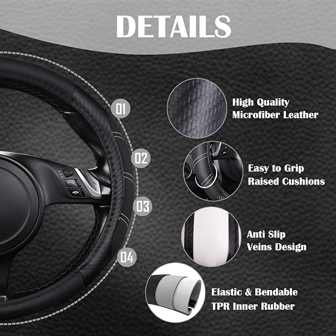 CAR PASS Line Rider Microfiber Leather Sporty 14.5-15 inch Steering Wheel Cover Universal Fits for 95% Truck,SUV,Cars, Anti-S