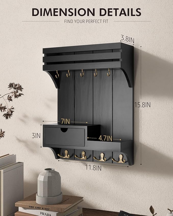 Rebee Vision Modern Key Holder Wall Mount with Mini Drawer Organizer - Decorative Mail Organizer with 9 Key Hooks and Floatin
