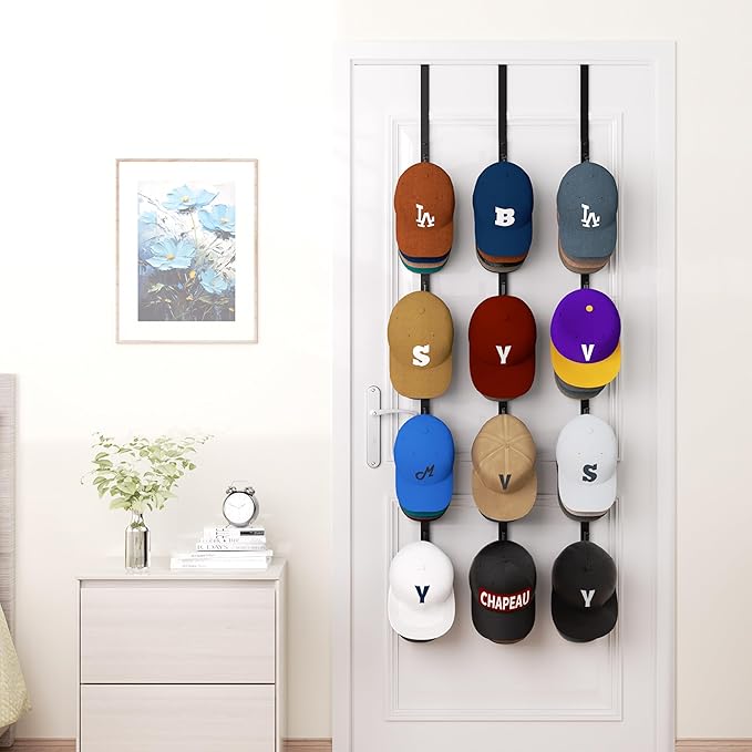 HapiRm Over Door Hat Rack - 3 Packs Hat Organizer with 12 Hooks Design, Hanging Baseball Cap Organizer Storage Holds Up to 60