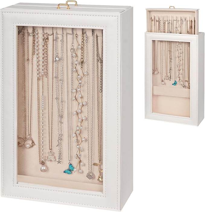 Necklace Organizer Box - 2-Layer Double-Sided Clear Lid Jewelry Storage Case, Anti-Tangle Necklaces Display Holder for Pendan