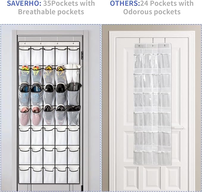 SAVERHO 35 Pockets Over the Door Shoe Organizer, Hanging Shoe Organizer for Door with 35 Mesh Pockets Large Capacity Shoe Han