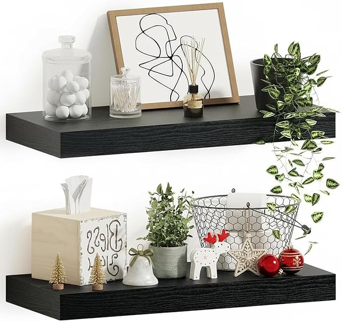 Solid Wood Floating Wall Shelves, Wall Mounted Display Bookshelf for Bedroom, Bathroom, Kitchen, Living Room, Decor Wall,Set 