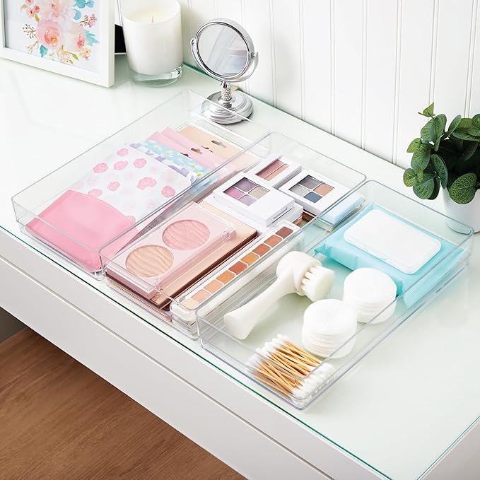 STORi SimpleSort 3-Piece Stackable Clear Drawer Organizer Set | 12" x 6" x 2" Rectangle Trays | Wide Makeup Vanity Storage Bi