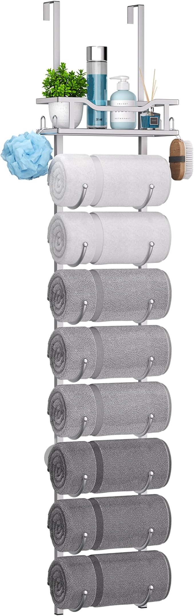 SWTYMIKI Over The Door Towel Rack - 9 Tier Towel Racks for Bathroom Wall Mounted, Towel Holder with Shelf, Hanging Rolled Tow